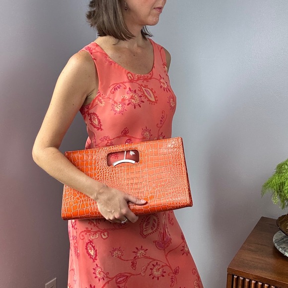Orange Clutch Bag Croc Embossed Silver Handle Cutout Evening Purse - Picture 1 of 6